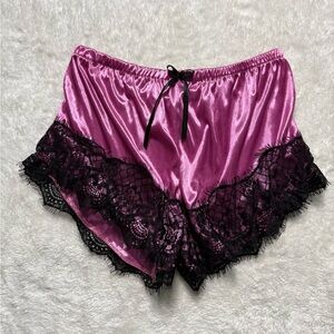 Pink Satin with Black Lace Trim Pajama Shorts